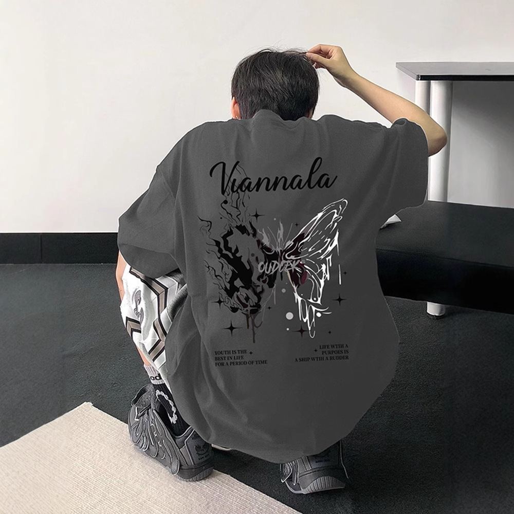 Men's Heavyweight Short Sleeve T-Shirt with Butterfly Print, INS Style Loose Casual Half Sleeve, Trendy Summer Tops