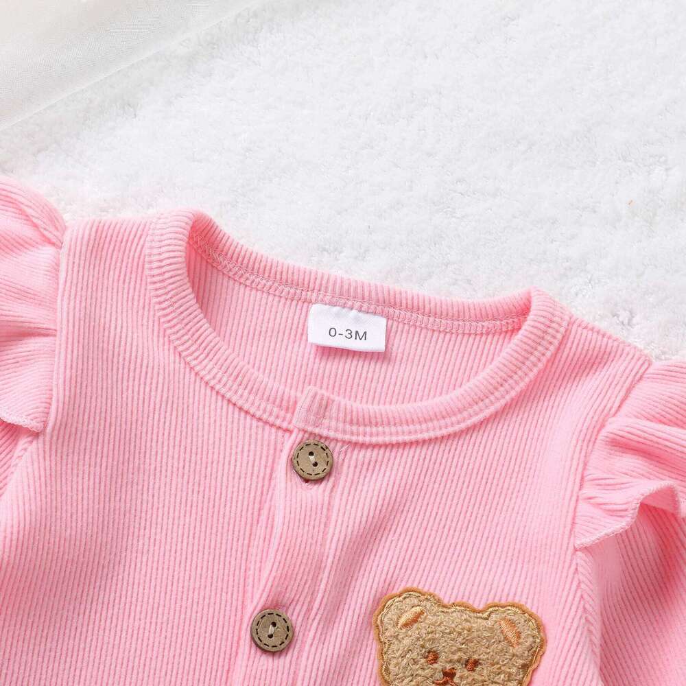 Newborn Baby Girl Autumn Soft Ruffle Long Sleeve Cute Bear Applique Ribbed Bodysuit And Headband Two Piece Set 26H0224