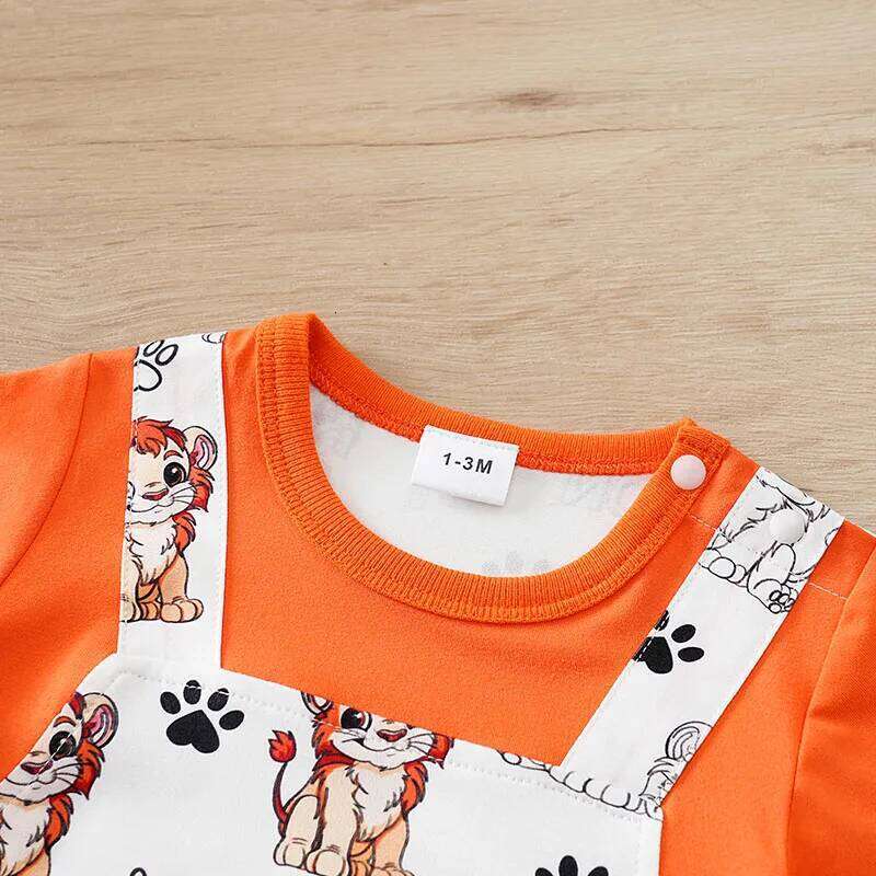 Cute Lion Print with Faux Two-Piece Design baby clothes Summer Newborn 0-18Months Boys and Girls Baby Short-Sleeve Romper 26Y0224