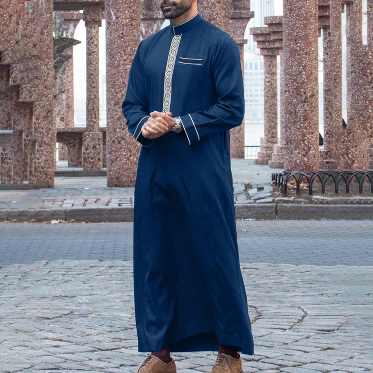 Ethnic Clothing Muslim Men Long Robe Saudi Islamic Stripe Printing Abaya Caftan Dubai Arab Eid Morocco Thobe Jubba Jalabiya Summer Ramadan