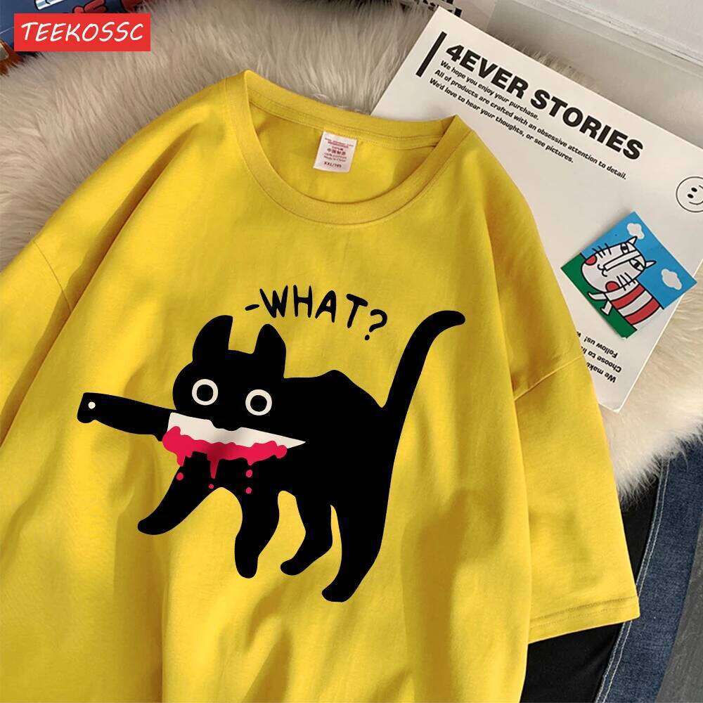 Summer Cotton Women'S T-Shirts Surprised Black Cat Printing Streetwear Breathable Oversize O-Neck Casual Street Female Clothes H260224