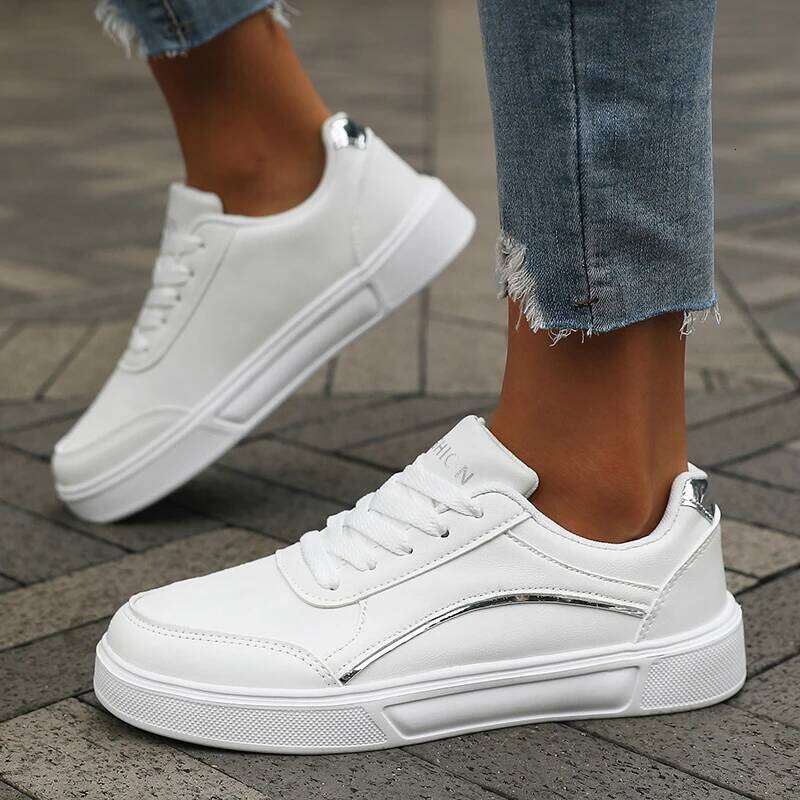 Women's Casual White Sneakers Chic Silver Trim Soft Lining Non Slip New Minimalist Design PU Leathe Skate Shoes for Women