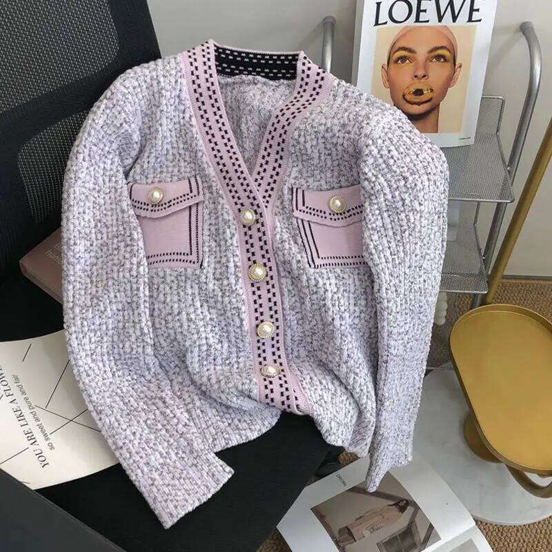 Xiaoxiangfeng Contrasting Color Knitted Cardigan Women's Spring and Autumn V-neck Top Pearl Button Sweater Jacket 26L0224