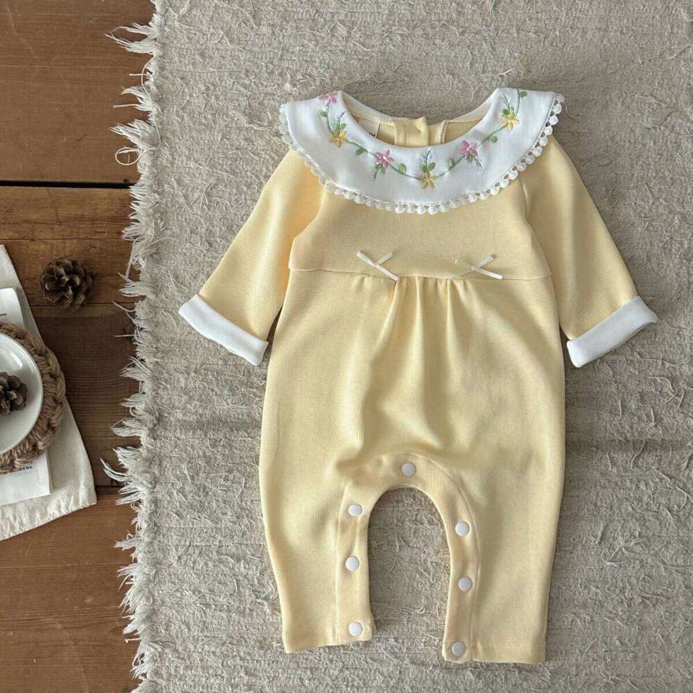Autumn New Baby Girls Cute Light Yellow Doll Collar Long Sleeve Crawler Newborn Jumpsuits Clothing Romper Soft Outfits 26H0224