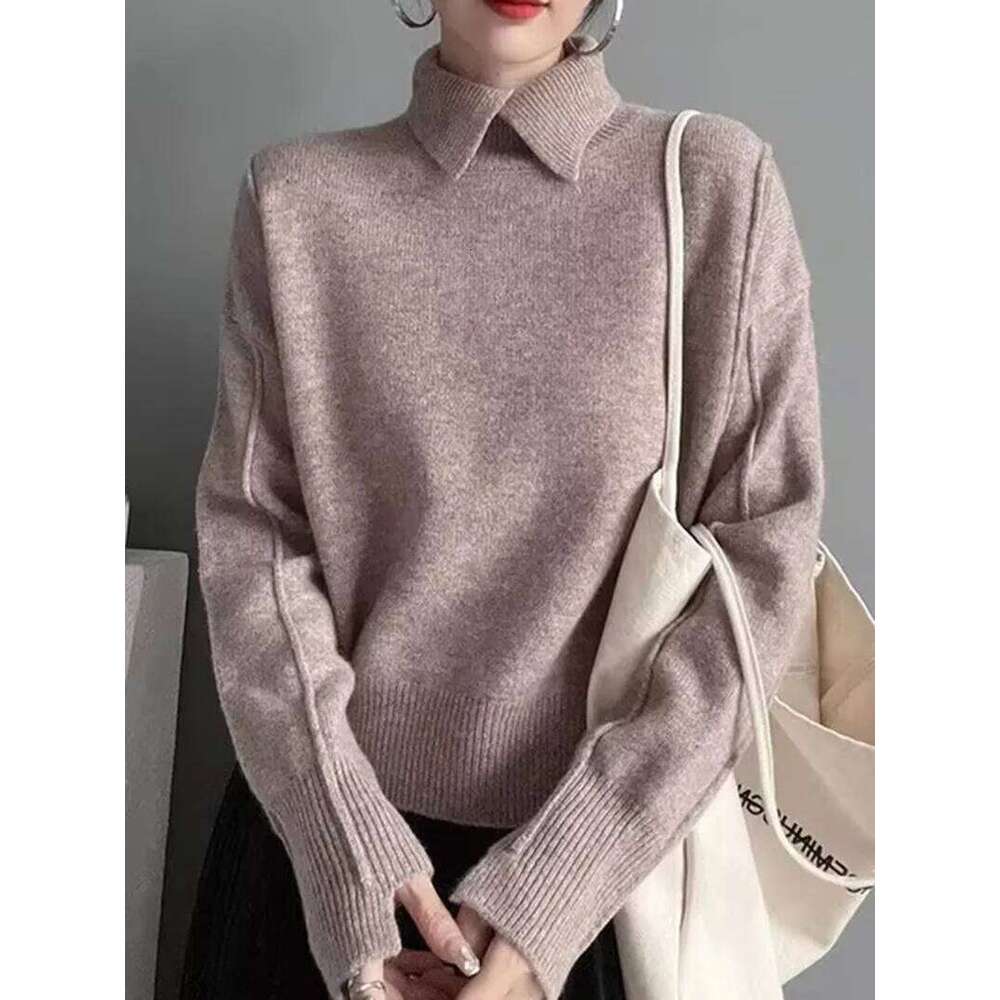 Polo Collar Knitted 2025 New Autumn Winter Women Elegant Solid Color Sweater Female Soft Pullover Casual Bottom Shirt 26W0224
