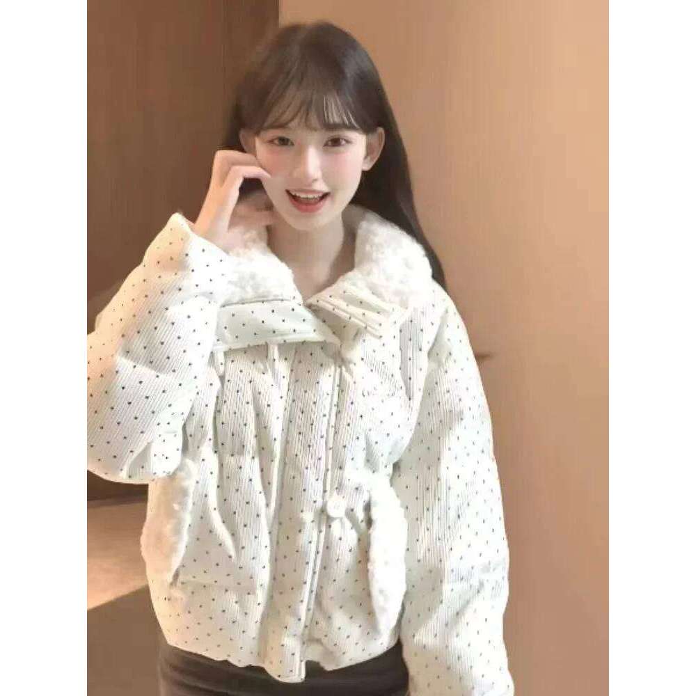 Mardi Hefxessdr Sweet Pola Dot Paras Women Winter Loose Casual Thicen Button Patchwor Puffy Coats Korean Fashion Fur Collar Female Outwear