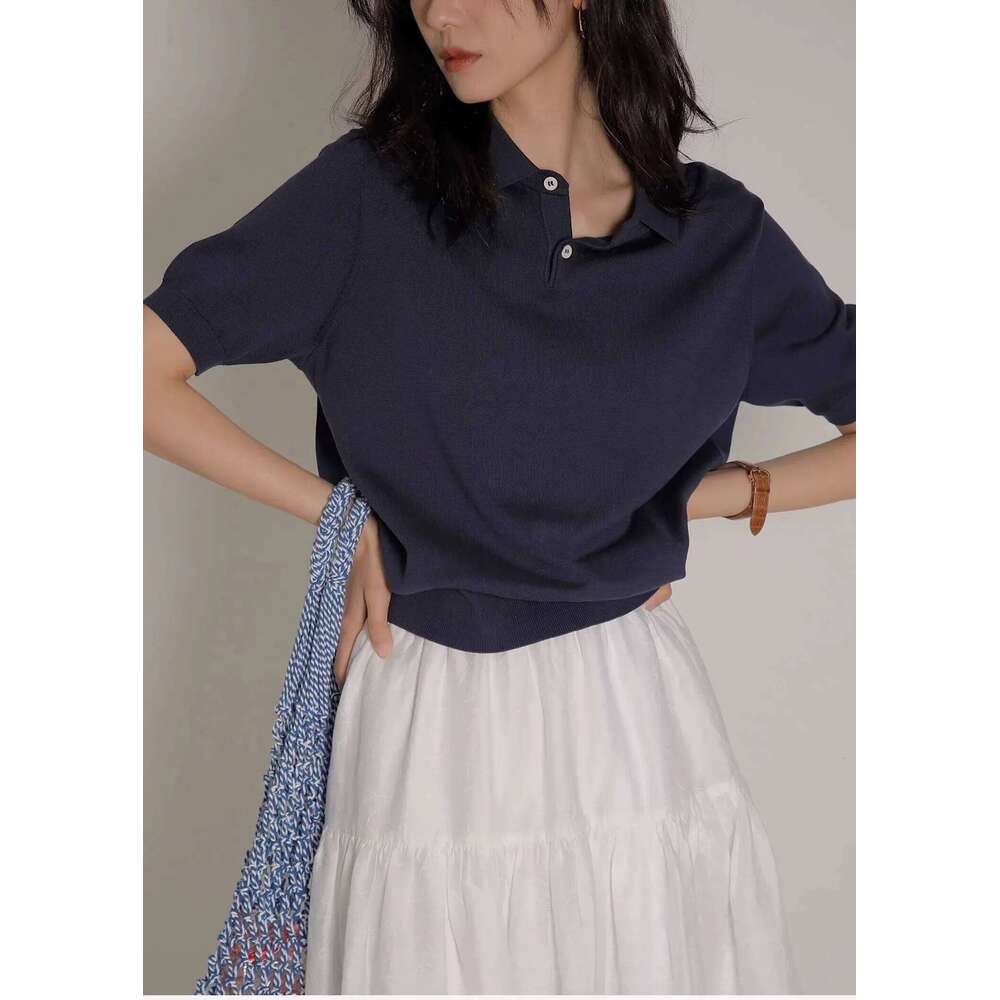 Women's Blue Ice Silk Knitted Polo Shirt Short Sleeve French Lapel Top Thin Summer High-Grade Shoulder T-Shirt 26W0224