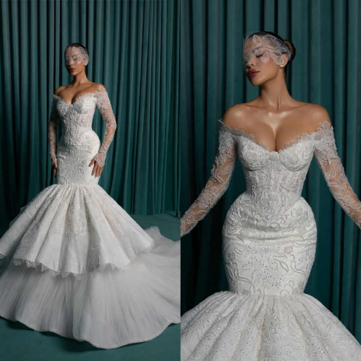 Exquisite Mermaid Wedding Dresses Off-Shoulder Long Sleeve Lace Appliques Beaded Bridal Gowns Tiered Skirts Customized Vestido De Novia