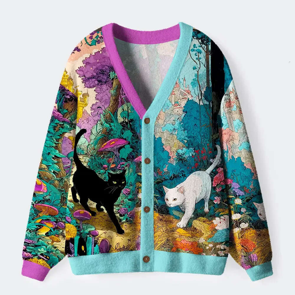 American Retro Ugly Sweatshirt Autumn Winter Loose Lazy Animal 3D Print Knitted Sweater Cardigan Jacket for Men