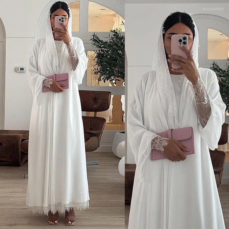Ethnic Clothing Abaya Factory OEM/ODM Dubai Luxury EID Islamic Muslim Women Dress Gorgeous Lace Modest Kimono Lace Open Summer Set