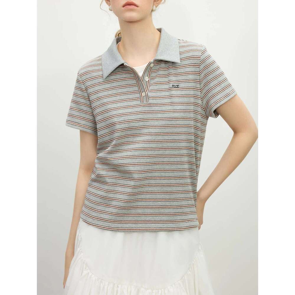 FSLE Polo Collar Retro Knitted Short-sleeved T-shirt Women's Spring 2025 New Design Elegant Style Tops Chic Outfit 25FS11140 26W0224