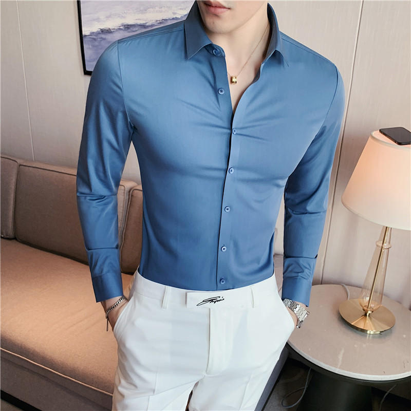 2026 new High-quality Korean-style men's long-sleeve shirts, seamless thickened shirts, slim fit stretch men's warm casual shirts