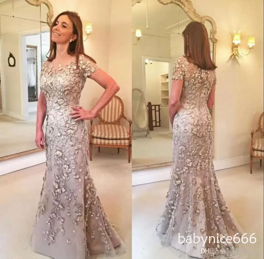 Vintage Short Sleeve Floral Appliqued Long Women Formal Gown Mermaid Even Dresses Mother of the Bride Dress vestido BC11544