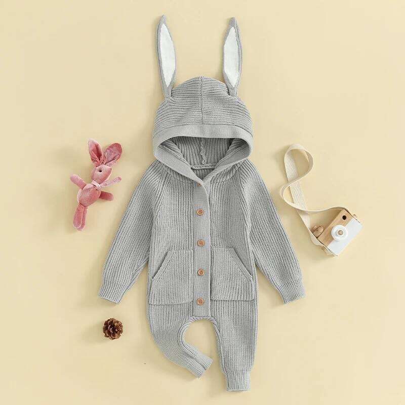FOCUSNORM 0-18M Autumn Spring Baby Girls Boys Knit Rompers Bunny Ears Hooded Long Sleeve Single Breasted Jumpsuits 26H0224