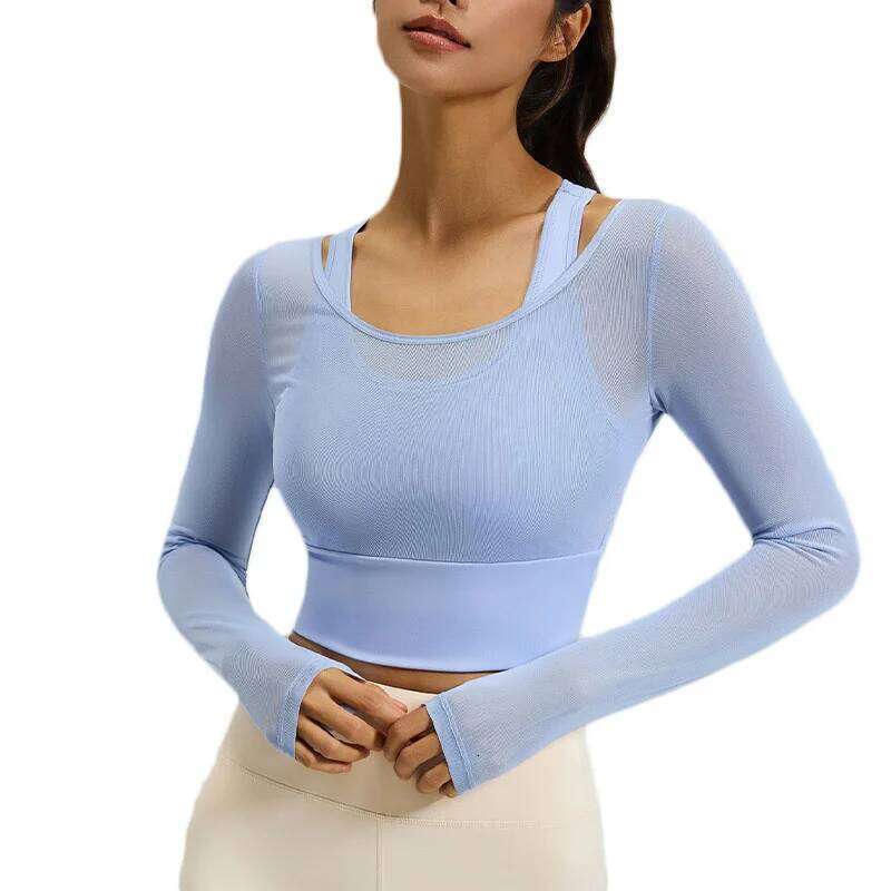 Aiithuug Long Sleeve Sheer Mesh Sexy Top Longsleeve Padded Camisole Workout Yoga Bra Crop Fitness Shirts Cropped 26Y0224