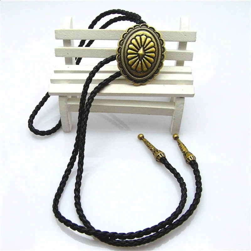 Bolo tie Retro Shirt Chain Oval Shield Poro Collar Leather Necklace Long tie Pendant 260120