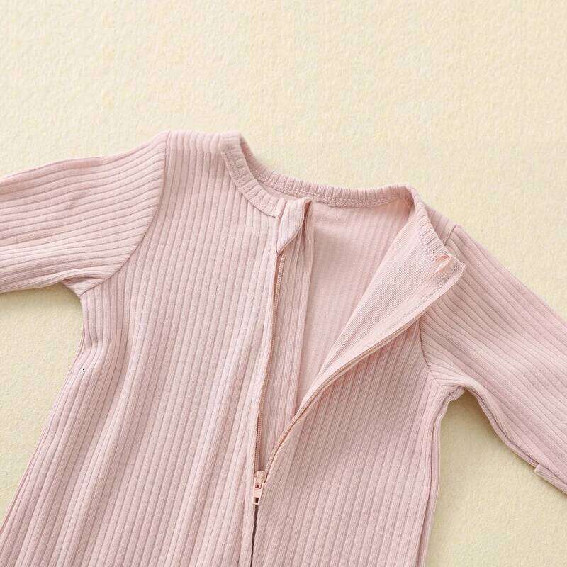 Baby Romper Long Sleeve Footed Cotton Zipper Front Outfit Spring Fall Newborn Unisex Ribbed Knitted Jumpsuit Pajamas Solid 26Y0224