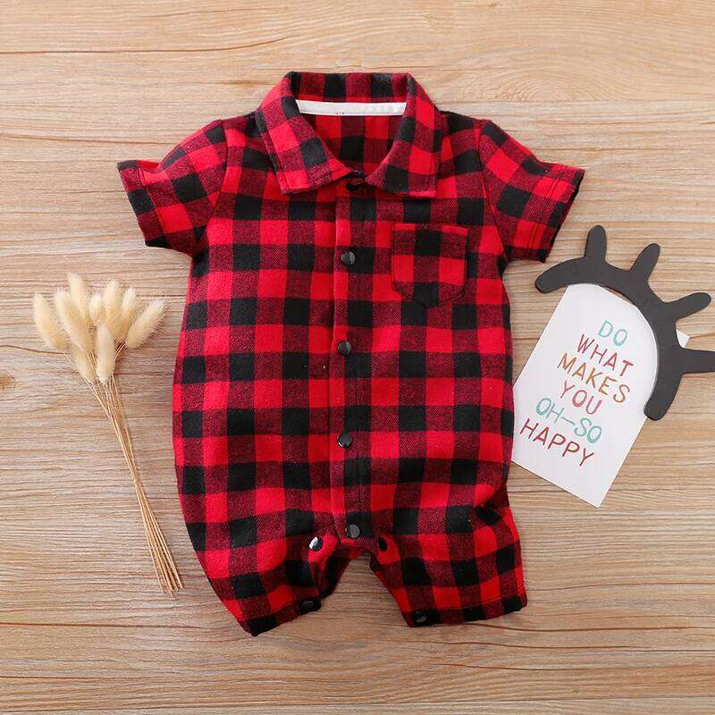 Summer Boys And Girls Literary Style Checkered Shirt Casual Comfortable Short Sleeve Baby Bodysuit 26Y0224