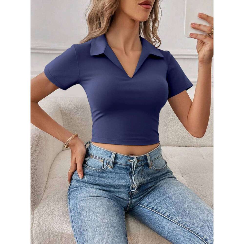 Women's Stretchy Fitted Crop Polo Shirt Short Sleeve V-Neck Collar Soft Blouse Casual Street Party Daily Wear Spring Summer 26W0224