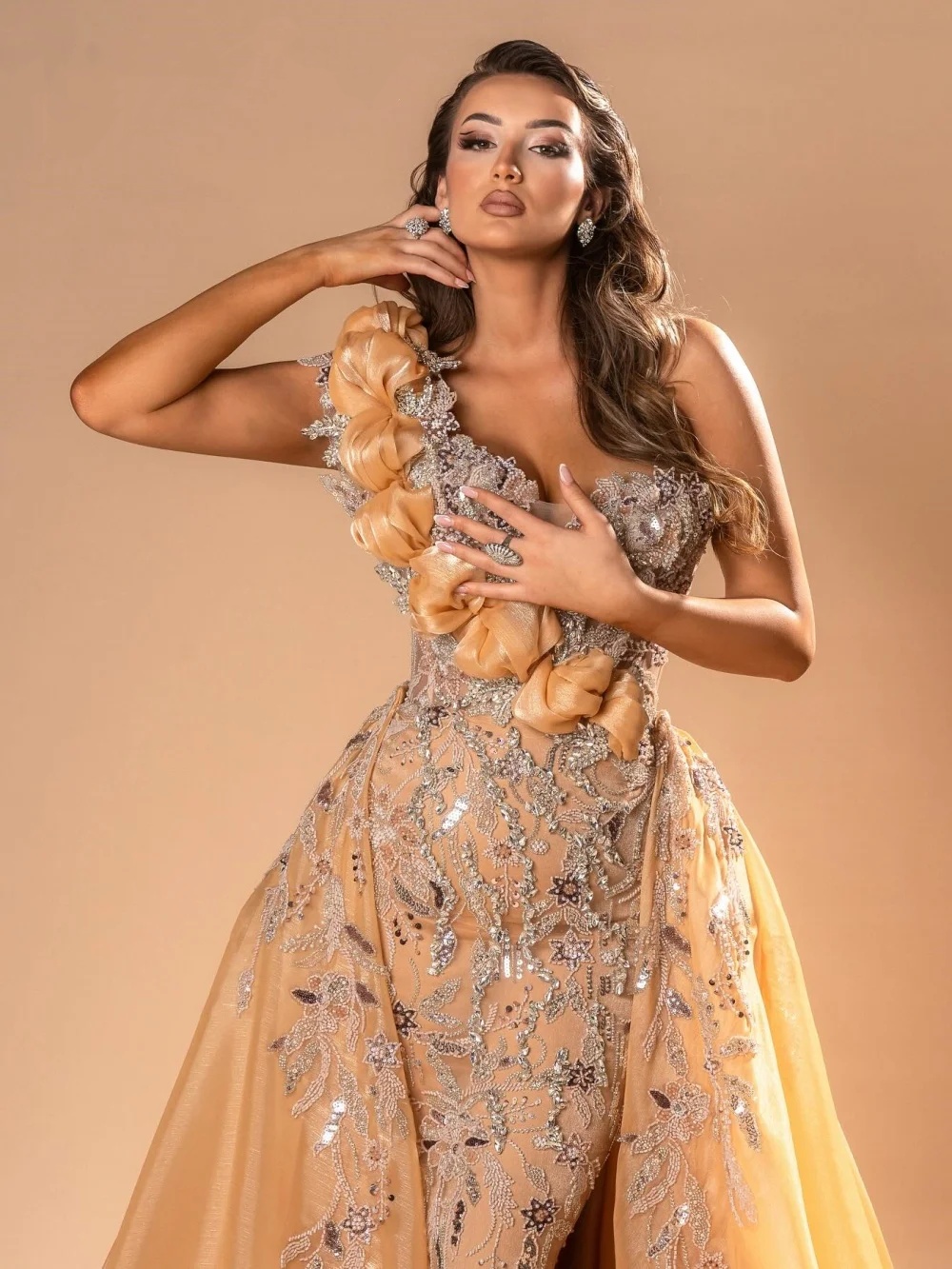 Exquisite Sequins Evening Dresses One Shoulder Prom Dress with Detachable Train Sleeveless Customized Party Gowns Vestidos De Noche Plus Size