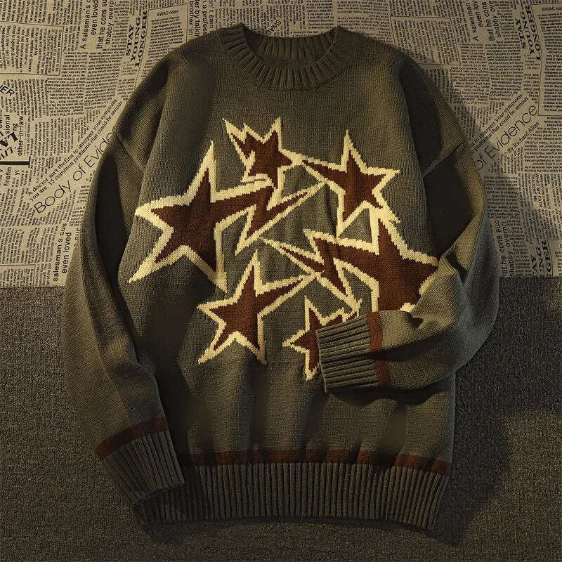 American-Style Trendy Brand Five-Pointed Star Jacquard Crew Neck Sweater For Men Women, Loose Casual , Autumn And Winter Knit Top