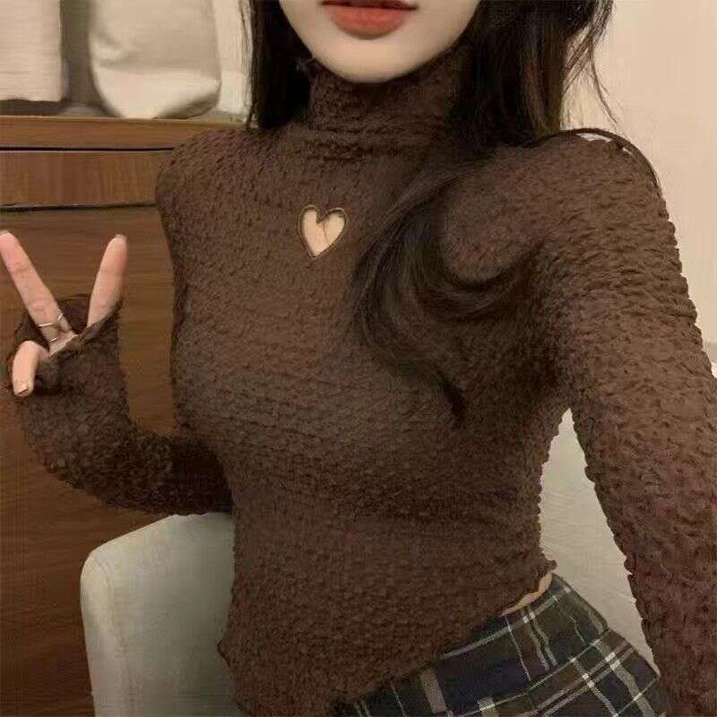 Fangji: A Touch Of Heartiness. Stylish Semi-High Collar Knitted Base Shirt Women, Slim Fit Inner Top For Winter