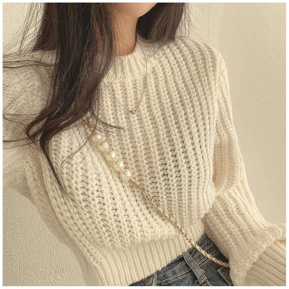 Korean Loose Long Sleeve Sweaters Fashion Women Harajuku Lantern Knit O-Neck Solid Basic Jumpers Autumn Winter Soft Warm Sweater 26L0224