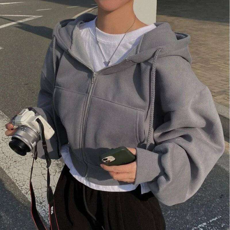 Autumn Winter Hooded Hoodies Women Casual Streetwear Zip Up Sweatshirts Long Sleeve Jackets Harajuku Y2k Crop Tops Hood Shirt