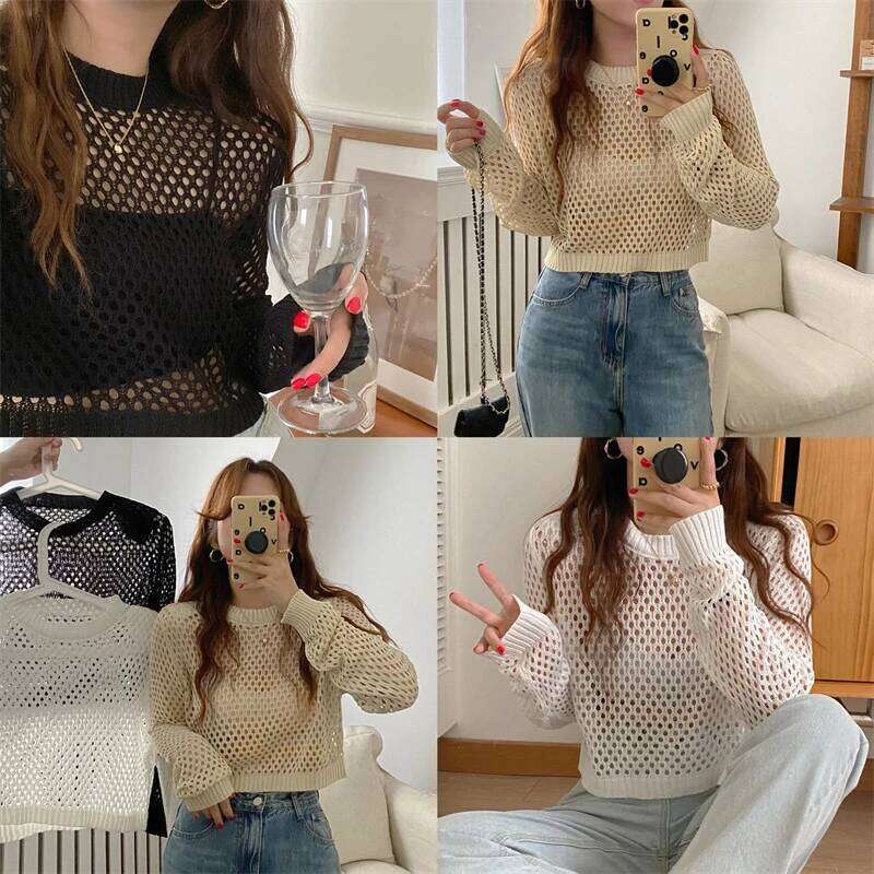 1pcs Summer Women Solid Color Round Neck Hollow Out Long Sleeve Casual Loose Knitted Top 26L0224