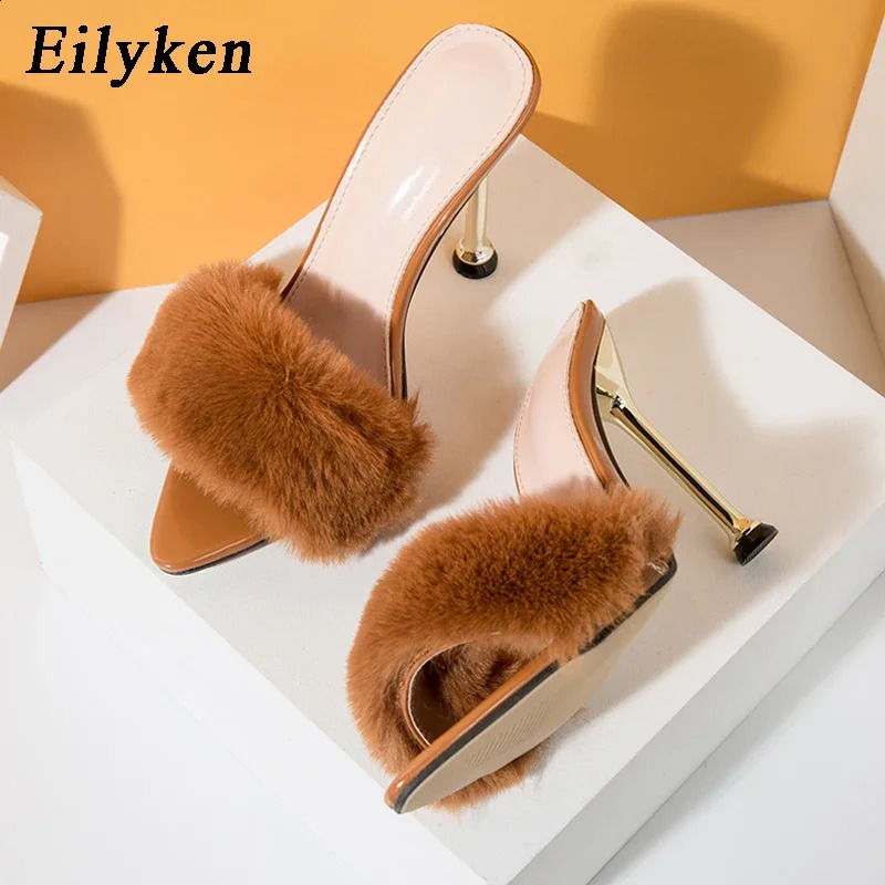 Eilyken Summer Fashion n Fluffy Fur Pointed Toe Women Slippers Stiletto Heels Mules Slide Ladies Shoes 260124