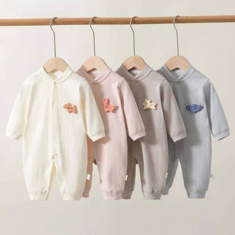 Newborn Boys Girls Bodysuit Spring 0-2Y Cotton Baby Romper Ribbed Texture Cute Patch Button Closure Soft Infant Jumpsuit Clothes 26H0224
