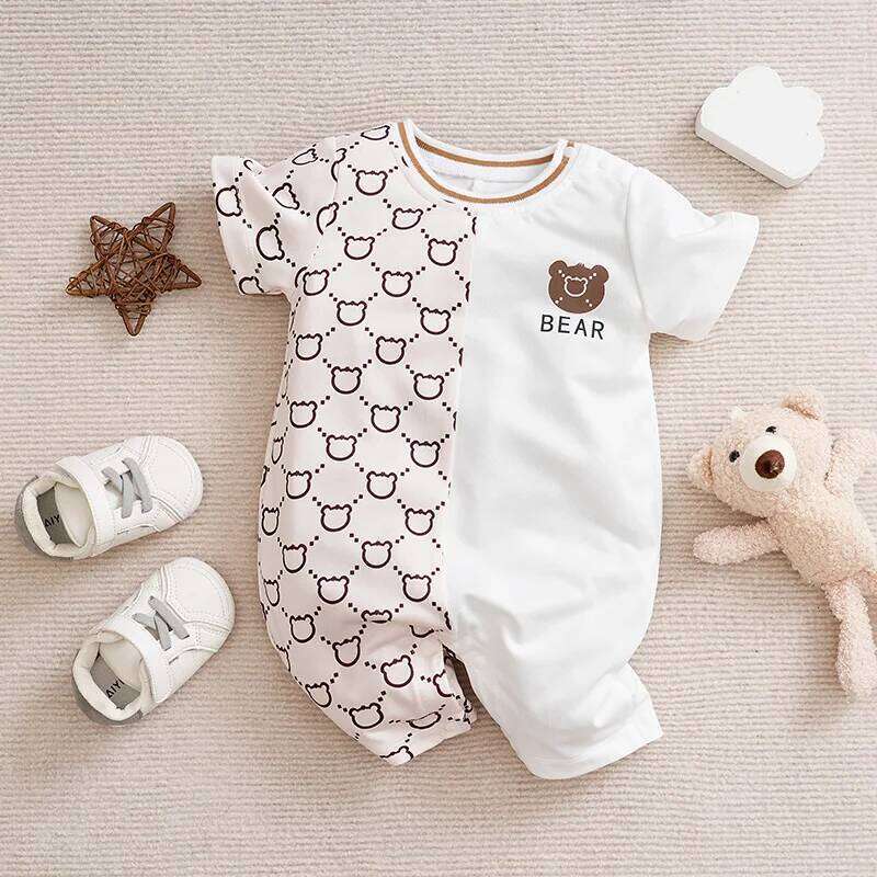 Newborn Clothes Cute Patchwork Teddy Bear Comfortable Soft Summer Boys And Girls 0-18 Short Sleeved Baby Jumpsuit 26Y0224