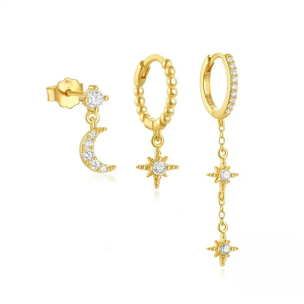 3pcs Set Personality Gold Color Stainless Steel Moon Star Zircon Stud Earrings for Women Trendy Dissymmetry Jewelry 260207