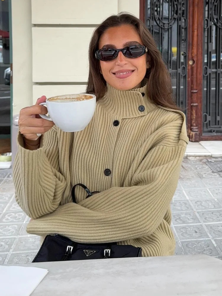 Knitted Womens Cardigan Stand Collar Full Sleeve SingleBreasted Solif Female Cardigans 2026 Spring Fashion Chic Lady Outwears 260209