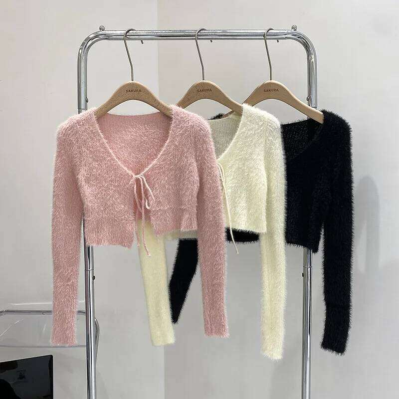 2026 New Autumn Women V-neck Long Sleeve Knitted Sweaters Bow Lace Up Solid Color Slim Short Casual Cardigans Tops 26L0224