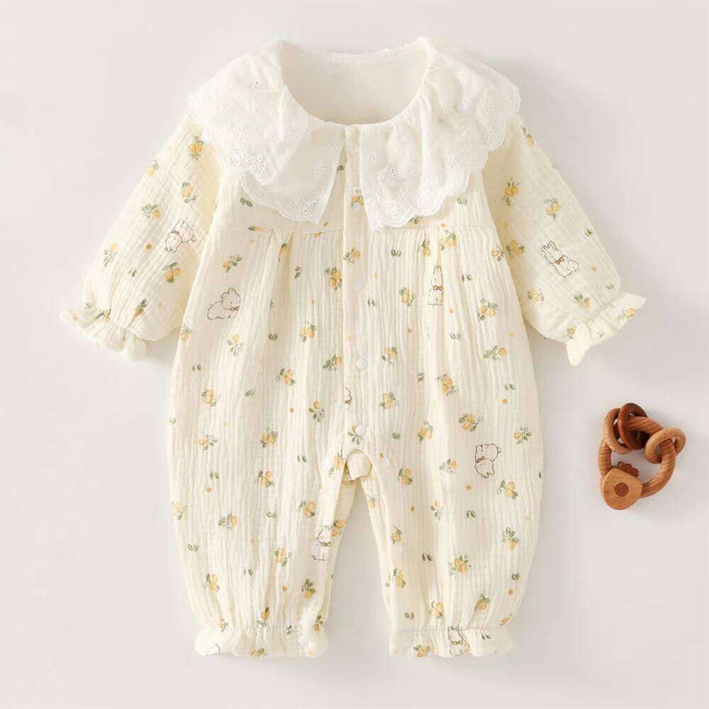 Gauze Baby Rompers Girls Floral Dot Print Peter Pan Collar Newborn Clothing Spring Autumn Infant Girl Long Sleeve Jumpsuit 26H0224