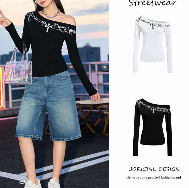 Off-Shoulder Cross Letter Print Long-Sleeve T-Shirt, 2026 Spring-Summer New Dark Gothic Hot Girl Style, Slim-Fit Casual Top