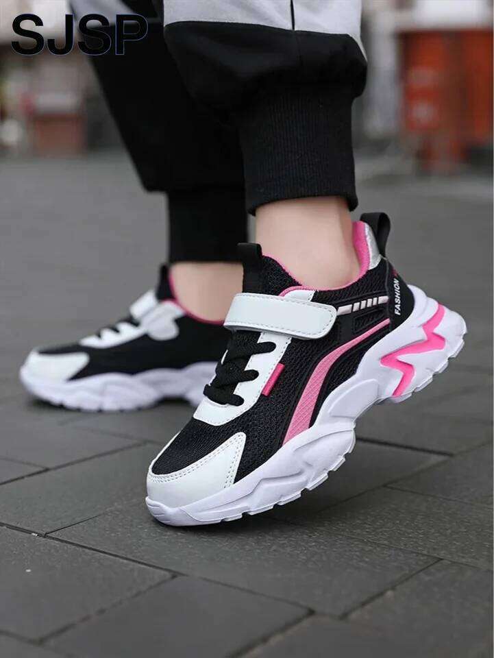 Children's Casual Pink Mesh Breathable Girls, Fashionable Lightweight Running Teenagers Aged 7-15, Student Kids' Sports Shoes for Gi 26W0224
