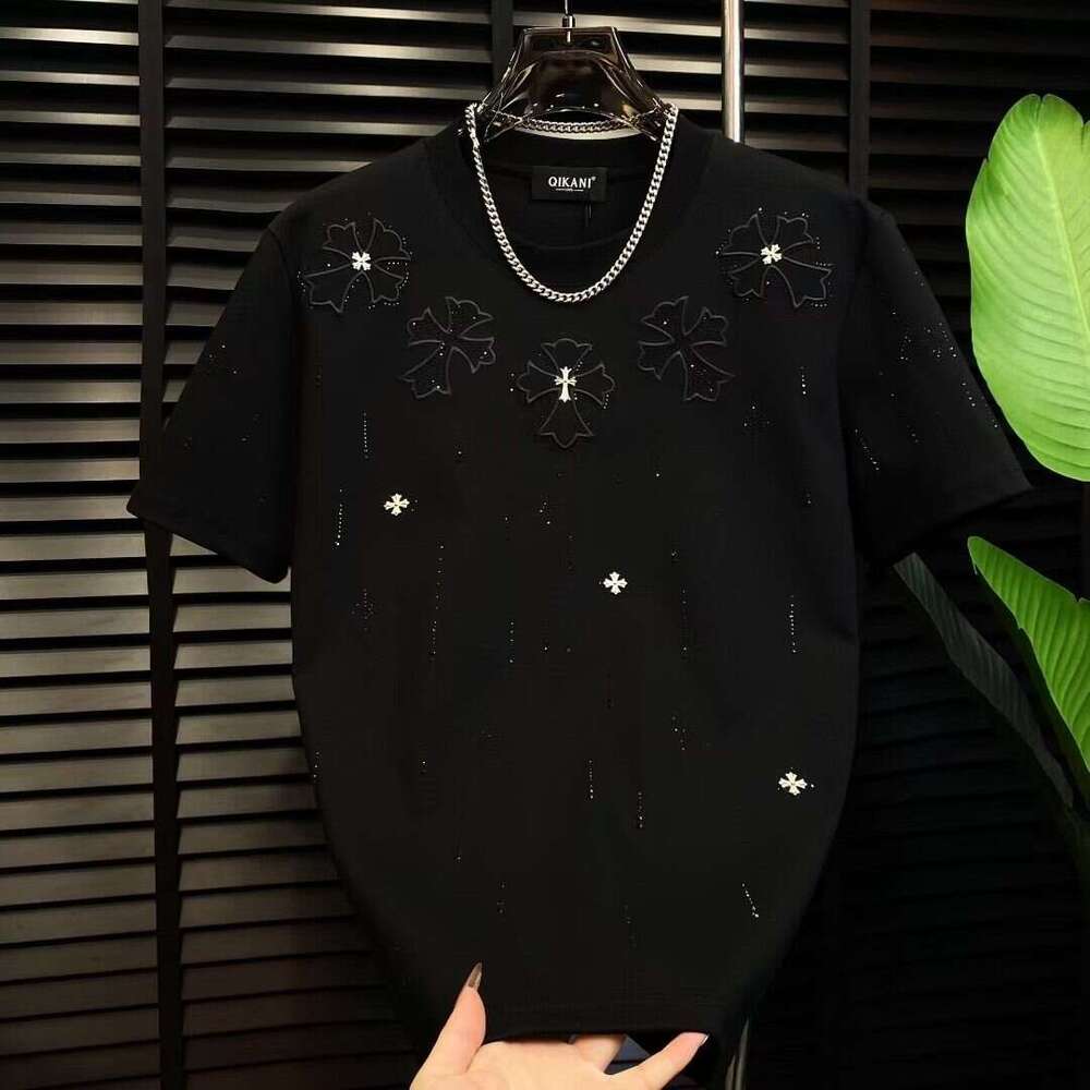 Summer New Luxury Trendy American And European Style Casual Fashion Men's Rhinestone Round-Neck Short-Sleeve Shirt