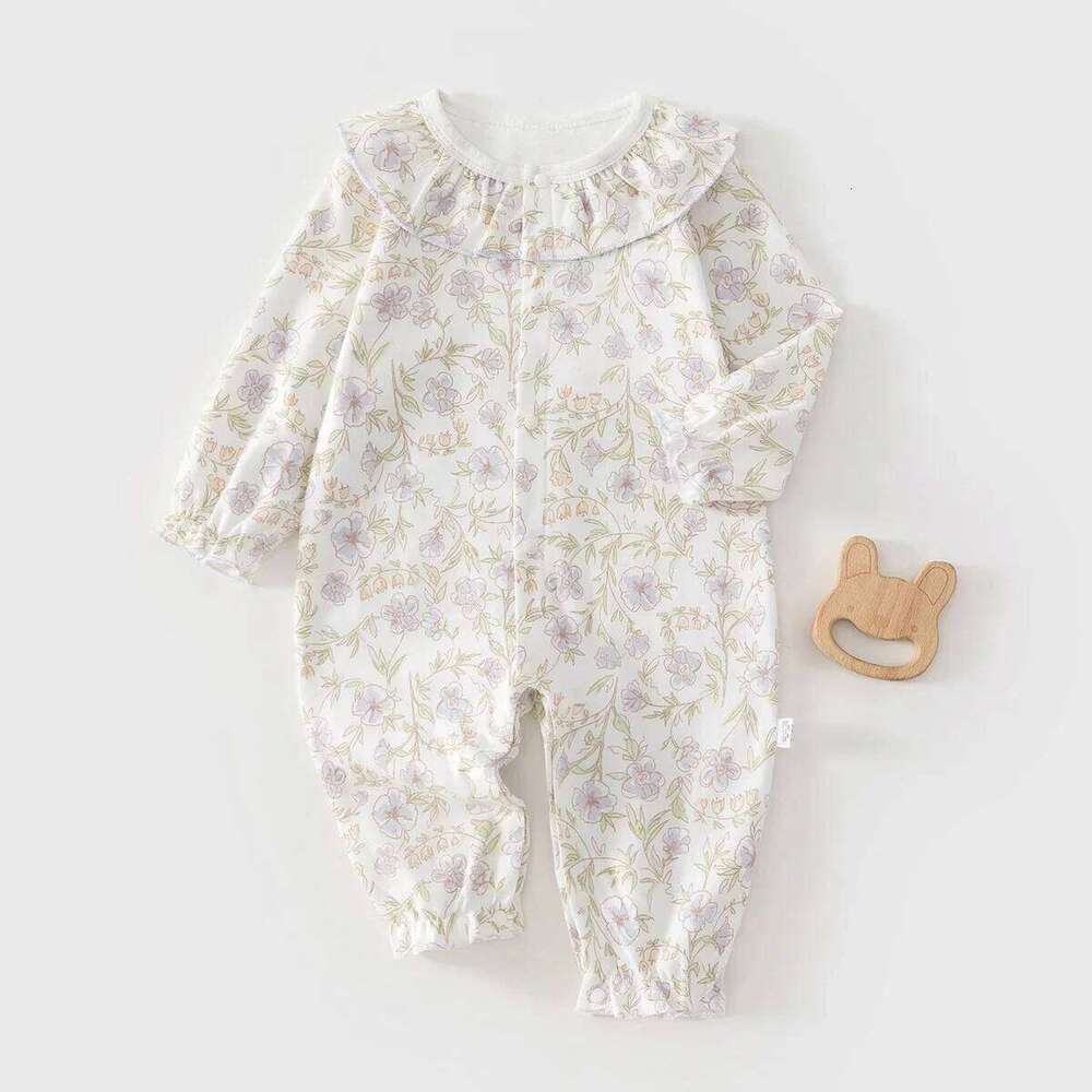 Spring Sleepwear Bodysuit 0-2Y Newborn Infant Girls Cotton Romper Baby Long Sleeve Ruffle Collar Floral Print One-Piece Jumpsuit 26H0224