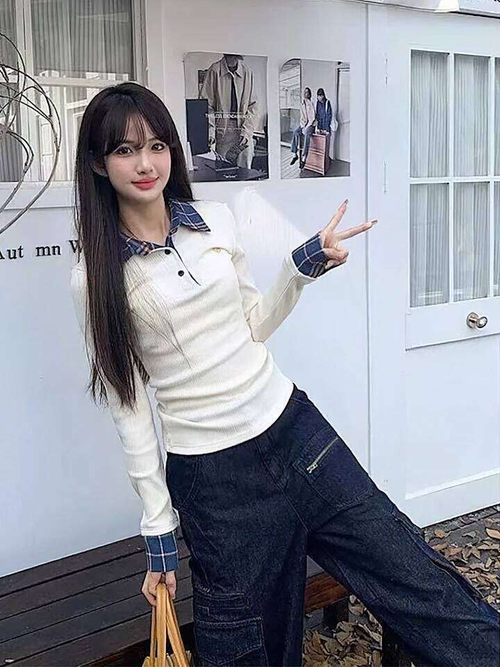 Preppy Polo Neck Knit Plaid Long sleeve T shirt Women False 2 Piece Basic Top V neck Button Blouses Tees 2025 New 26W0224