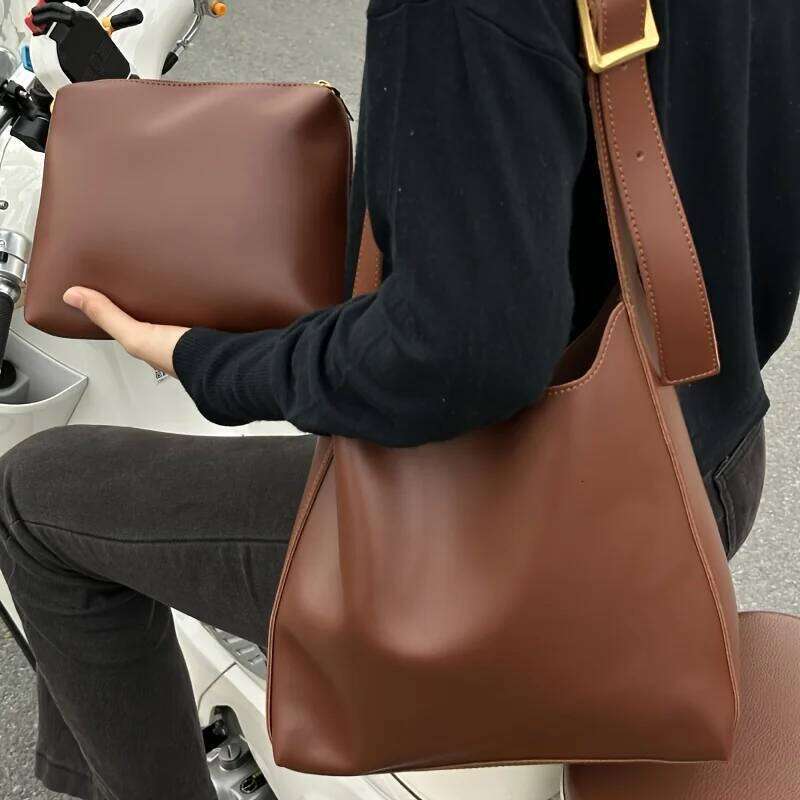 Women's Fashion Tote Minimalist Shoulder Handbag, Retro Faux Leather Bucket Bag, Polyurethane Lining, No Print Z260224