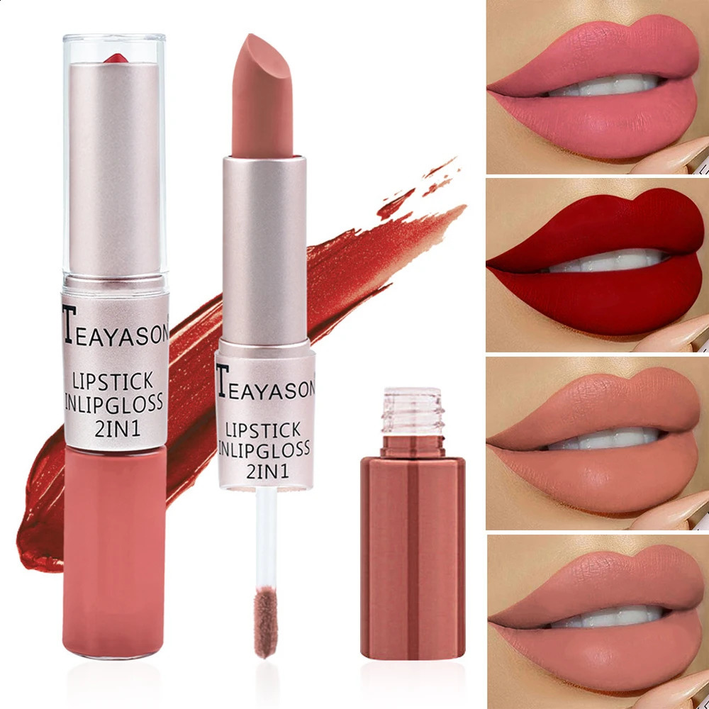 1Pc Long Lasting Velvet Matte Lipstick Double Head Lip Gloss Non-stick Cup Lip Gloss Waterproof 2 in 1 Matte Red Lipstick Makeup 260130