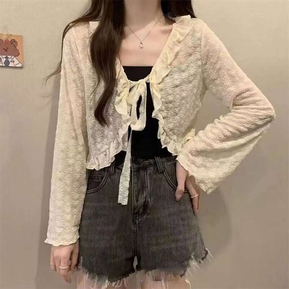 New Polyester Sunscreen Cardigan Lace-up Knitwear Tops Long Sleeve Thin Coat Women 26L0224