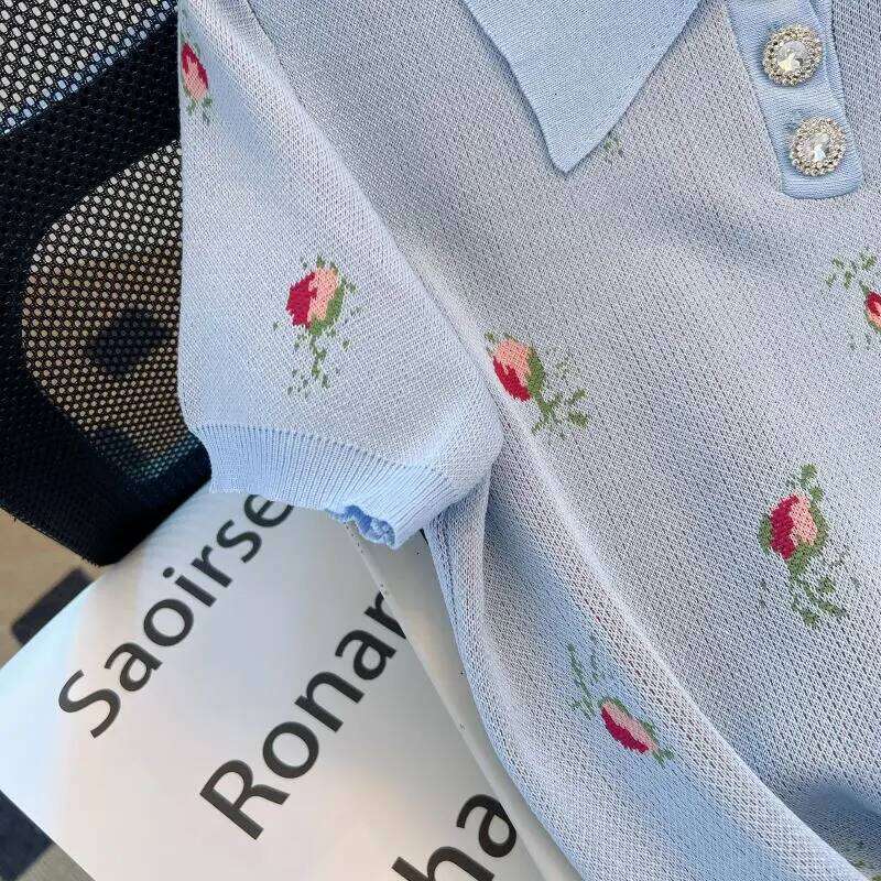 Vintage Women's Sweet Elegant Blue Print Short-sleeved Button Tops Summer New Polo Collar Festival Knitted T-shirt Popular Trend 26W0224