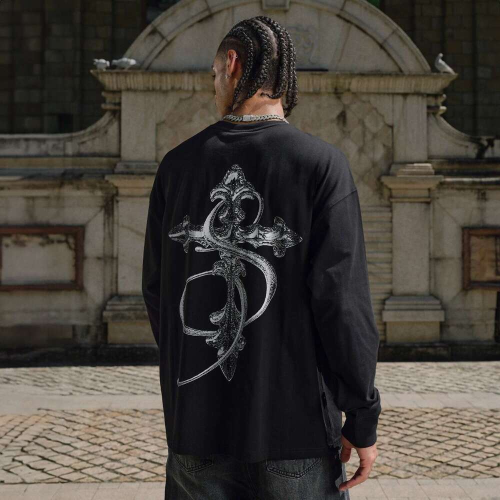 Asen's Same STK Smalltownkid Black And White Cross Long-Sleeve T-Shirt, Suitable For Layering, American Retro Style