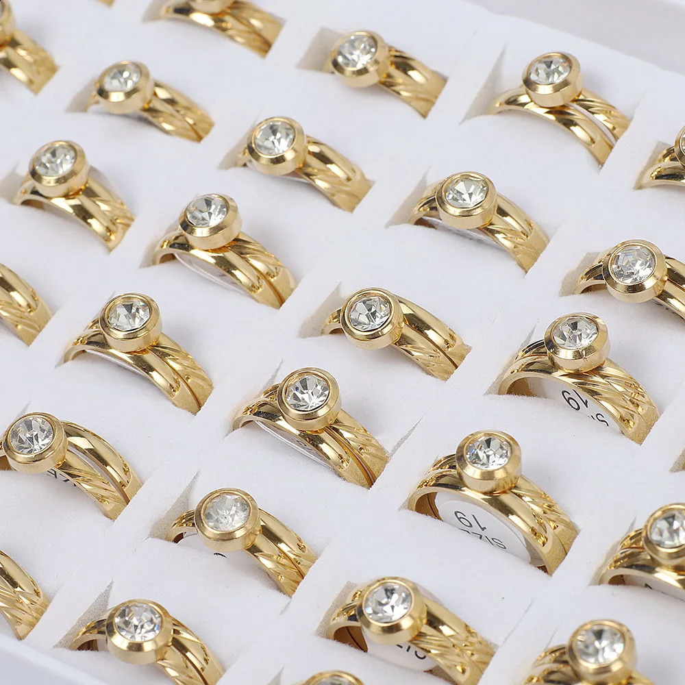 Wholesale 12Sets Cubic Zircon Stainless Steel Rings Men Women Wedding Jewelry 260124