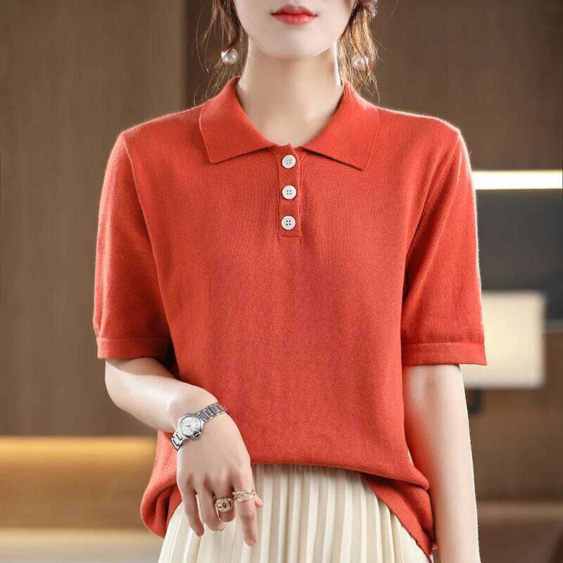 Summer 100% pure cotton women's T-shirt casual solid color knitted pullover short sleeved loose POLO collar Tees Pull vest Tops 26W0224