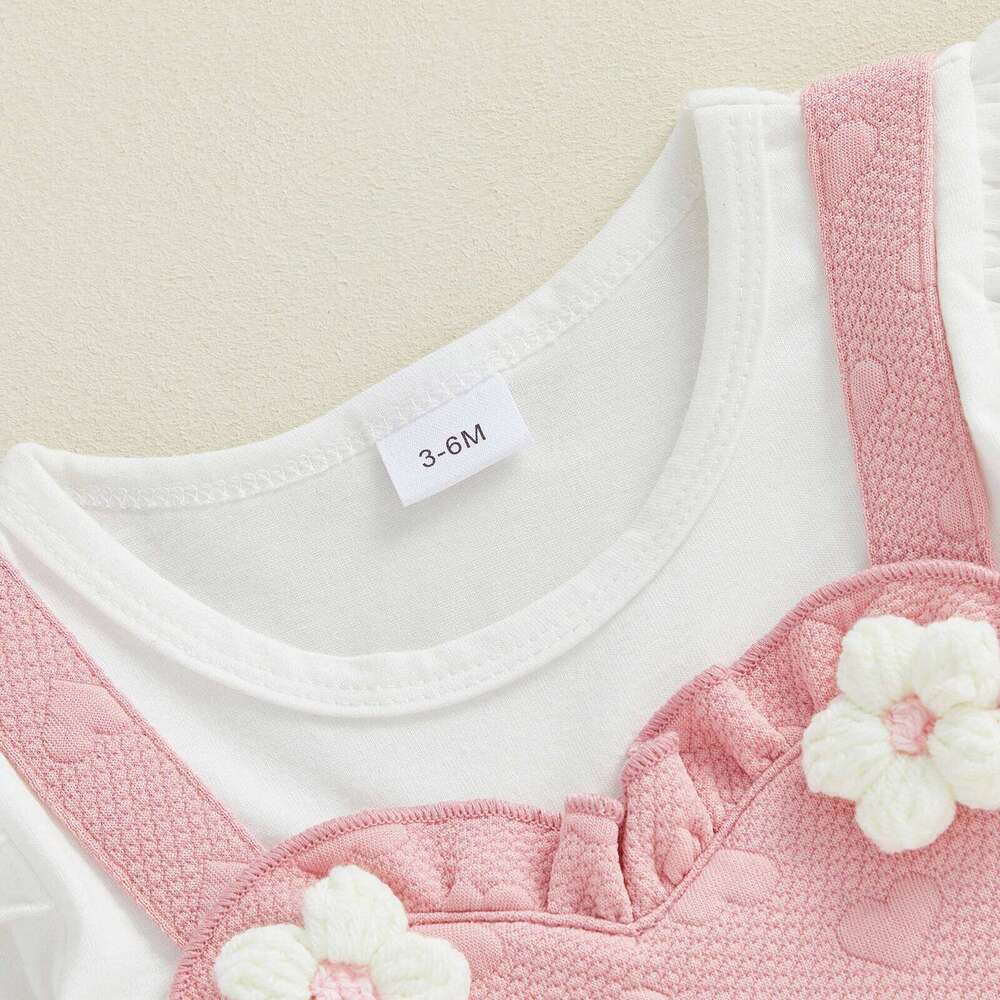 0-18Months Infant Baby Girls Spring Romper Fake Two Pieces Heart Jacquard 3D Floral Long Sleeve Round Neck Jumpsuit 26H0224