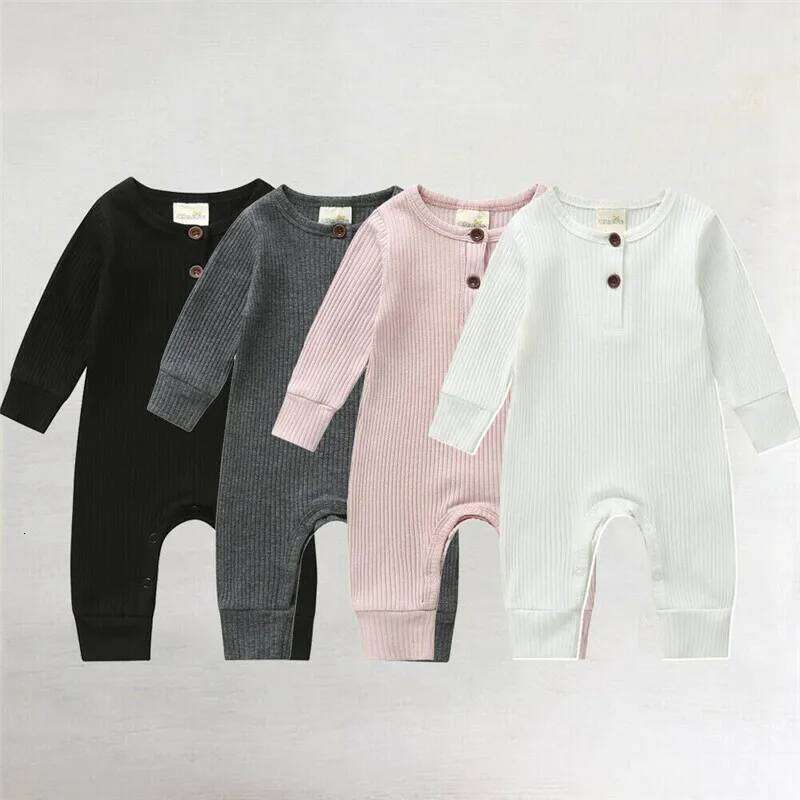 0-24months unisex Baby Button Romper Solid Color Knit Spring Autumn Jumpsuit 26H0224